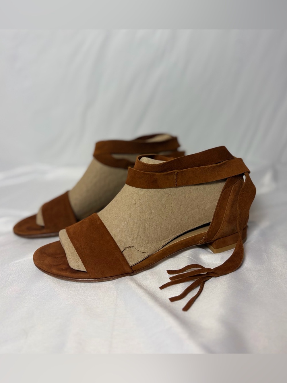 Stuart Weitzman Corbata flat sandals in gorgeous Amaretto/cognac brown suede.